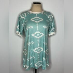 Women's Aztec Print Top - Teal and White